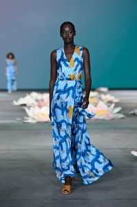 SYDNEY, AUSTRALIA - JUNE 03: A model walks the runway in a design by Kirrikin during the Indigenous Fashion Projects show during Afterpay Australian Fashion Week 2021 Resort '22 Collections at Carriageworks on June 03, 2021 in Sydney, Australia. (Photo by Stefan Gosatti/Getty Images)