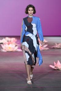 SYDNEY, AUSTRALIA - JUNE 03: A model walks the runway in a design by Ngali during the Indigenous Fashion Projects show during Afterpay Australian Fashion Week 2021 Resort '22 Collections at Carriageworks on June 03, 2021 in Sydney, Australia. (Photo by Stefan Gosatti/Getty Images)