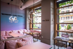 The Nespresso x Chiara Ferragni temporary café in Milan’s arty Brera district.