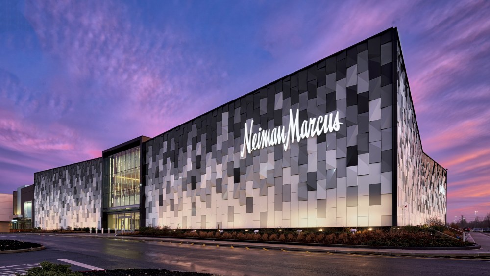 The lit Neiman Marcus exterior at the Roosevelt Field Mall in Garden City, N.Y.