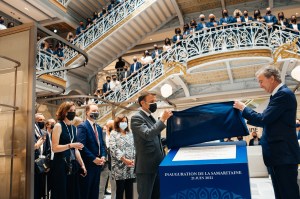 Emmanuel Macron and Bernard Arnault at the re-opening of the Samaritaine Paris Pont-Neuf department store in Paris.