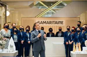 Emmanuel Macron at the re-opening of the Samaritaine Paris Pont-Neuf department store in Paris.