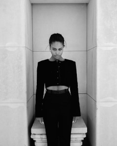 Taylour Paige in Chanel’s wool tweed jacket; Esaú Yori’s wool, cotton and polyamide pants.
