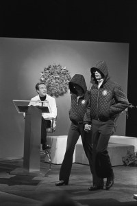 Halston presents outfits designed with Montgomery Ward for the 1976 Innsbruck Winter Olympics during a televised fashion show in Washington, D.C.