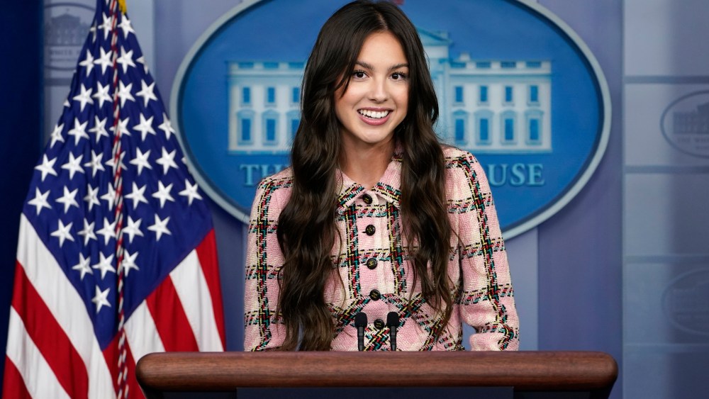 Olivia Rodrigo speaks at the beginning of the daily briefing at the White House.