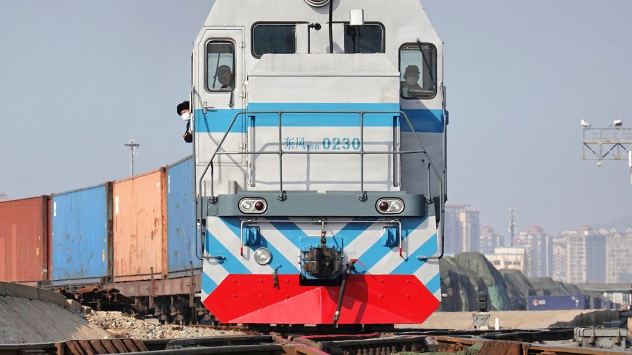 A freight train is set to leave a platform in Yantai city in east China's Shandong province, on the Asia-Europe railway that ends in Liege, Belgium.