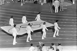 The official Olympic Flag is carried into the stadium by flag bearers during the opening ceremonies for the Summer Olympic Games in Munich, West Germany on July 26, 1972.
