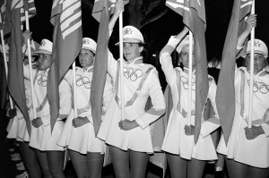 Flag bearers perform during an event at the Bel-Air Country Club in the Bel-Air neighborhood of Los Angeles, California, on July 28, 1984.