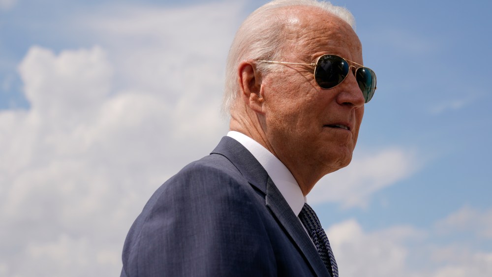 President Joe Biden speaks with members of the press before boarding Air Force One, Friday, July 9, 2021, at Andrews Air Force Base, Md. Biden is spending the weekend at his home in Delaware. (AP Photo/Patrick Semansky)