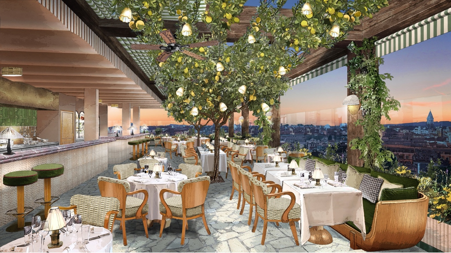 A render of Soho House Rome's rooftop restaurant
