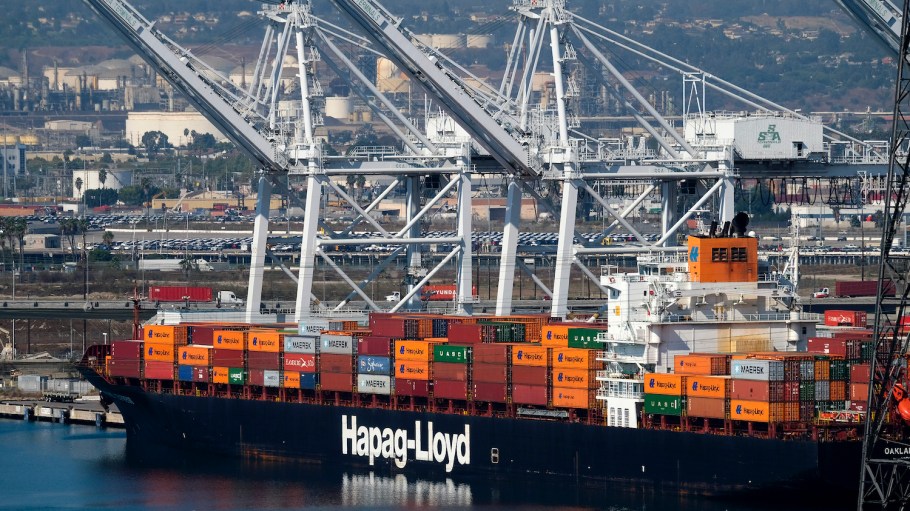 A Hapag-Lloyd container ship is seen docked at the Port of Long Beach, Calif., Friday, Oct. 2, 2020.