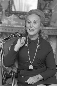 Beauty magnate Estee Lauder wearing an original Ungaro dress at her new offices in New York's General Motors building on September 24, 1969.