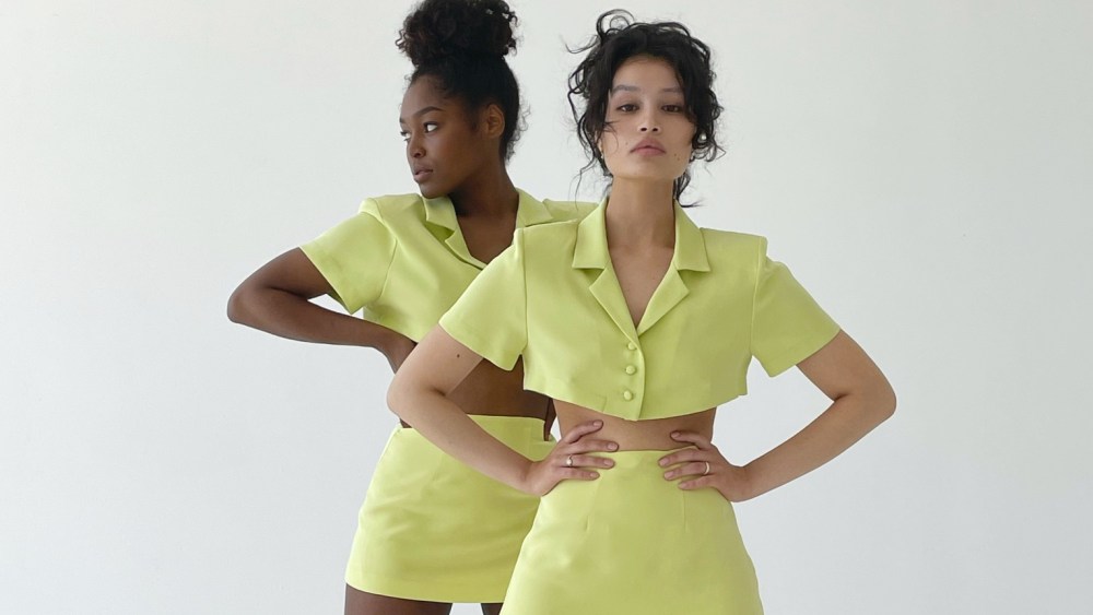 A closer look at the collared cropped lime top and matching miniskirt from a Mirror Palais collection.