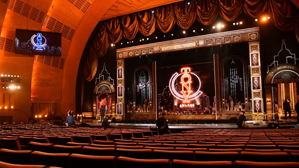 FILE - A view of the stage appears prior to the start of the 73rd annual Tony Awards at Radio City Music Hall in New York on June 9, 2019. Tony Award Productions said Friday that the celebration of live theater will be digital but offered no date or streaming platform. Final eligibility determinations will be made by the Tony Awards Administration Committee “in the coming days.” Broadway theaters abruptly closed on March 12, knocking out all shows — including 16 that were still scheduled to open. (Photo by Charles Sykes/Invision/AP, File)