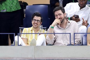 Christopher Mintz-Plasse looks on during a Men's Singles semifinal match at the 2021 US Open, Friday, Sep. 10, 2021 in Flushing, NY. (Allison Joseph/USTA via AP)