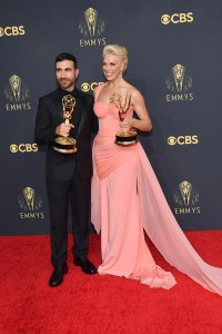 Brett Goldstein, winner of the Outstanding Supporting Actor in a Comedy Series award for ‘Ted Lasso,’ and Hannah Waddingham, winner of the Outstanding Supporting Actress in a Comedy Series award for ‘Ted Lasso,’ pose in the press room