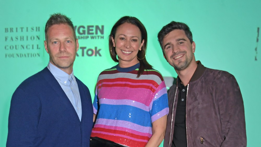 LONDON, ENGLAND - SEPTEMBER 18: (L to R) TikTok VP of Sales Stuart Flint, CEO of the British Fashion Council Caroline Rush and Clearpay CEO and Co-Founder Nick Molnar attend The Future Of Fashion: Dinner On The Catwalk with TikTok and Clearpay at The Old Selfridges Hotel on September 18, 2021 in London, England. (Photo by David M. Benett/Dave Benett/Getty Images for TikTok Information Technologies UK Limited)