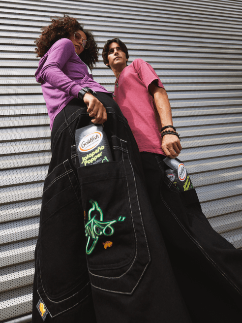 Jnco jeans, known for ultra-baggy silhouettes and deep back pockets, teamed with Goldfish crackers to promote a new jalapeno popper flavor.