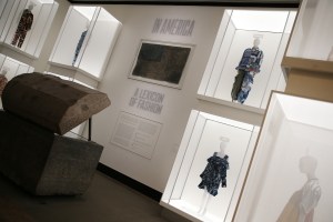 Sterling Ruby’s “Veil Flag” hangs at the start of the show near quilted looks from Greg Lauren (above) and No Sesso (below.)