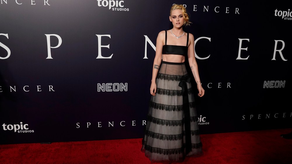 Kristen Stewart, the star of "Spencer," poses at the premiere of the film at the Directors Guild of America, Tuesday, Oct. 26. 2021, in Los Angeles. (AP Photo/Chris Pizzello)
