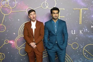 Barry Keoghan, left, and Kumail Nanjiani pose for photographers upon arrival at the premiere of the film 'Eternals' on Wednesday, Oct. 27, 2021 in London. (Photo by Vianney Le Caer/Invision/AP)
