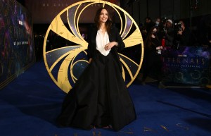 Angelina Jolie poses for photographers upon arrival at the premiere of the film 'Eternals' on Wednesday, Oct. 27, 2021, in London. (Photo by Joel C Ryan/Invision/AP)