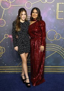 Valentina Pinault, left, and Salma Hayek pose for photographers upon arrival at the premiere of the film 'Eternals' on Wednesday, Oct. 27, 2021 in London. (Photo by Vianney Le Caer/Invision/AP)