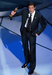 Adrien Brody accepts the Oscar for best actor for his work in "The Pianist", 2003.