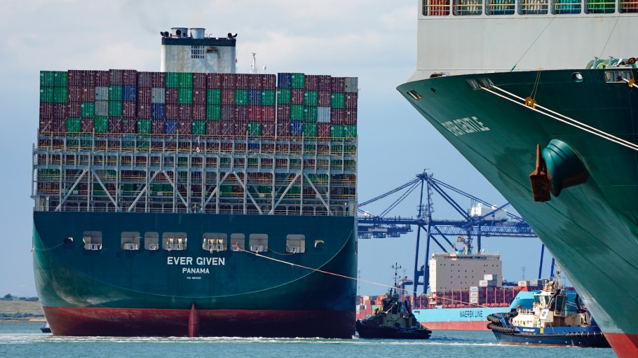 The container ship Ever Given, chartered and operated by container transportation and shipping company Evergreen Marine, seen here arriving at the Port of Felixstowe.