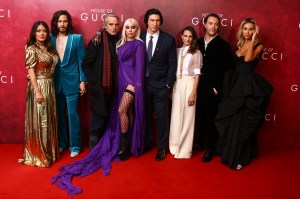 Salma Hayek, from left, Jared Leto, Jeremy Irons, Lady Gaga, Adam Driver, Camille Cottin, Jack Huston and Madalina Diana Ghenea pose for photographers upon arrival at the World premiere of the film 'House of Gucci' in London Tuesday, Nov. 9, 2021. (Photo by Joel C Ryan/Invision/AP)