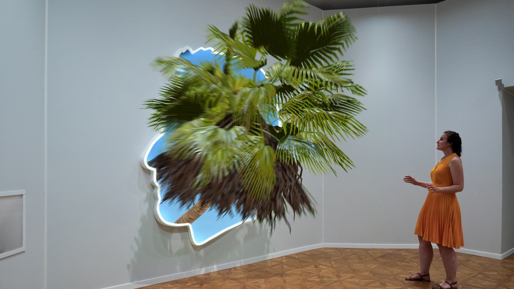 Alex Israel, Self-Portrait (Palm), 2019, acrylic and bondo fiberglass with Snapchat augmented reality Lens.