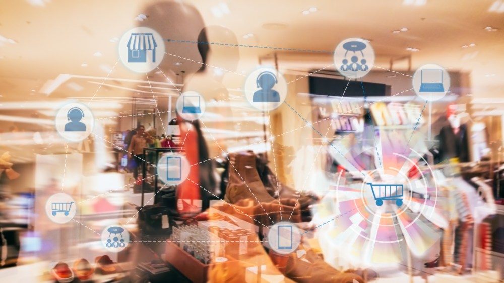 Marketing Data mangement platform and Omnichannel concept image. Omnichannel element icons on abstract Fashion stroe background.