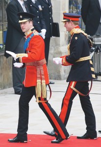 Prince William and Prince Harry in uniform at the royal wedding of Kate Middleton and Prince William in London, 2011/