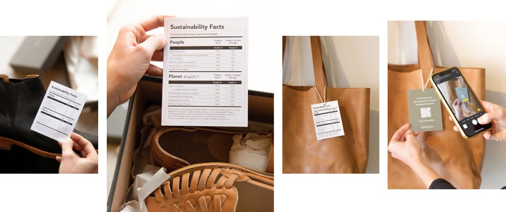 Nisolo's Sustainability Facts Label features a scannable QR code leading to more information.