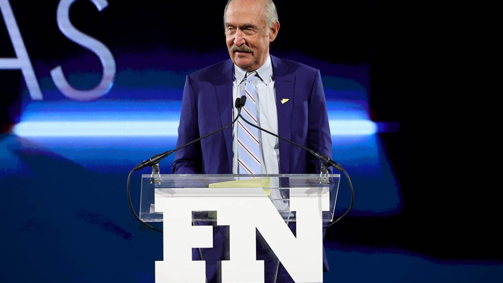 NEW YORK, NEW YORK - NOVEMBER 30: Former tennis player, Stan Smith speaks onstage at the 35th Annual Footwear News Achievement Awards on November 30, 2021 in New York City. (Photo by Jamie McCarthy/Getty Images for Footwear News)