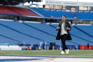New England Patriots quarterback Tom Brady (12) looks on as he enters the field prior to a week 8 NFL football game against the Buffalo Bills on Monday, Oct. 29, 2018 in Orchard Park, N.Y. New England won 25-6. (Aaron M. Sprecher via AP)