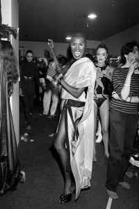 Model Grace Jones backstage at the Thierry Mugler fall 1980 Bloomingdales sponsored fashion show.