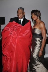 Andre Leon Talley and Venus Williams attend Nina Ricci's after party for the 2008 MET Gala. Talley wears Giorgio Armani with a Chanel cape and Williams wears Carolina Herrera.