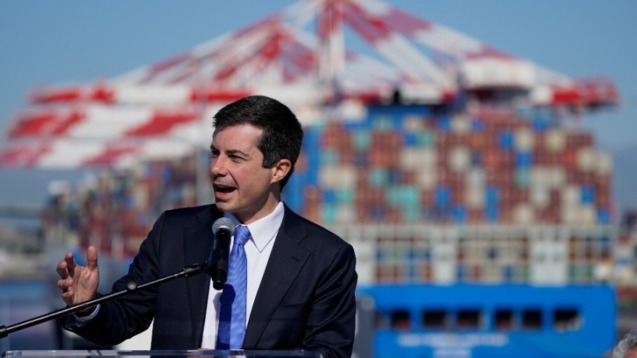 U.S. Transportation Secretary Pete Buttigieg speaks during a news conference to discuss the supply chain issues at the Port of Long Beach in Long Beach, Calif., Tuesday, Jan. 11, 2022