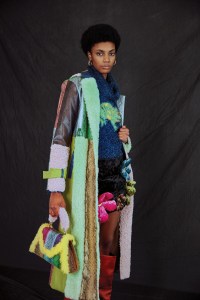 Colin Locascio FW22 vegan leather patchwork coat, miniskirt and bag.