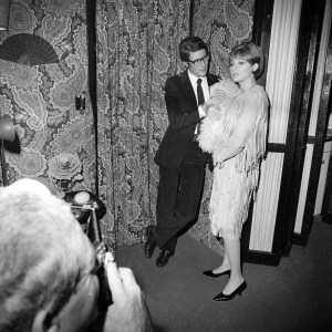 Yves Saint Laurent meets Barbra Streisand after a performance of "Funny Girl" on November 14, 1965 in New York.