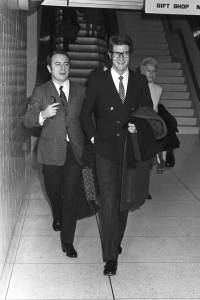 Pierre Berge and Yves Saint Laurent arrive in Los Angeles, California in October, 1965.