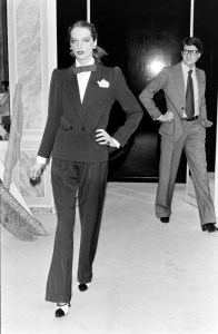 Yves Saint Laurent and a model in the Couture Spring 1979 advance showing at his Paris Atelier.