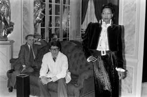 Yves Saint Laurent, Pierre Berge, and Mounia Orosemane in a look from his RTW Fall 1979 Rive Gauche collection.