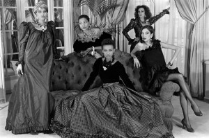 Bo Phinder, Mounia, Violetta Sanchez, Amalia Vairelli and Nora Affrin in Yves Saint Laurent's RTW Fall 1982 collection.