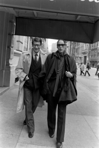 Yves Saint Laurent and Marina Schiano photographed outside Quo Vadis Restaurant in New York on December 1, 1980.