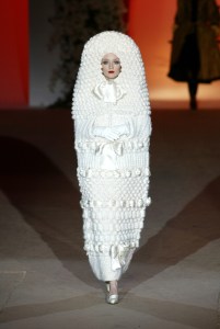 A model on the runway in a remake of Yves Saint Laurent’s Bridal Spring 1965 ensemble during the Yves Saint Laurent Couture Spring 2002 collection and retrospective show at the Pompidou Centre in Paris.