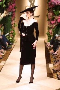 A model on the runway at the Yves Saint Laurent Couture Fall 2001 show in Paris.