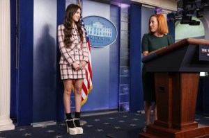 Jen Psaki, White House press secretary, introduces Olivia Rodrigo, during a news conference in the James S. Brady Press Briefing Room with Jen Psaki, White House press secretary, at the White House in Washington, D.C., U.S., on Wednesday, July 14, 2021. Photographer: Oliver Contreras/Pool/Sipa USA(Sipa via AP Images)
