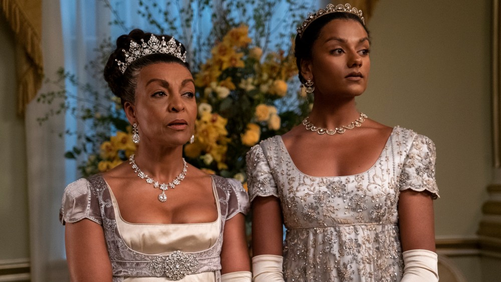 Bridgerton. (L to R) Adjoa Andoh as Lady Danbury, Simone Ashley as Kate Sharma in episode 201 of Bridgerton. Cr. Liam Daniel/Netflix © 2022